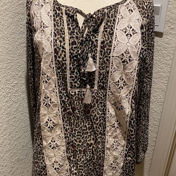 Democracy Women’s Animal Print & Lace Tunic Top EUC Sz 1X Flow Hippie Polyester - Picture 2 of 12